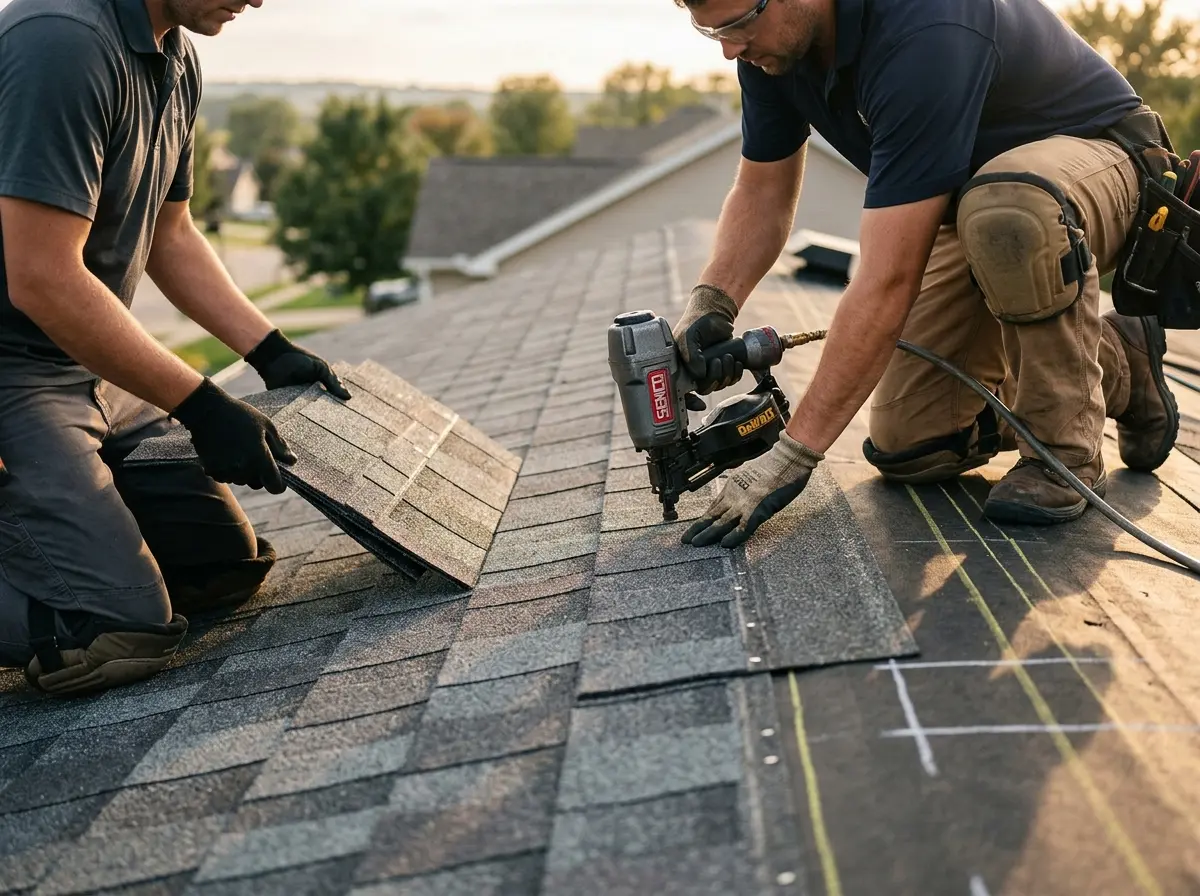Professional roofer working on a residential roof in Portland